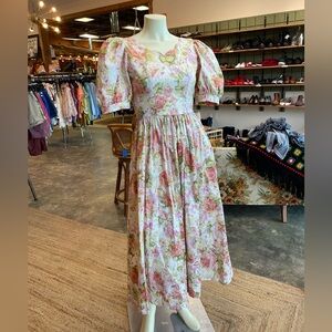 Vintage Laura Ashley Scalloped Bow Prairie Midi Dress Gardening Open Back